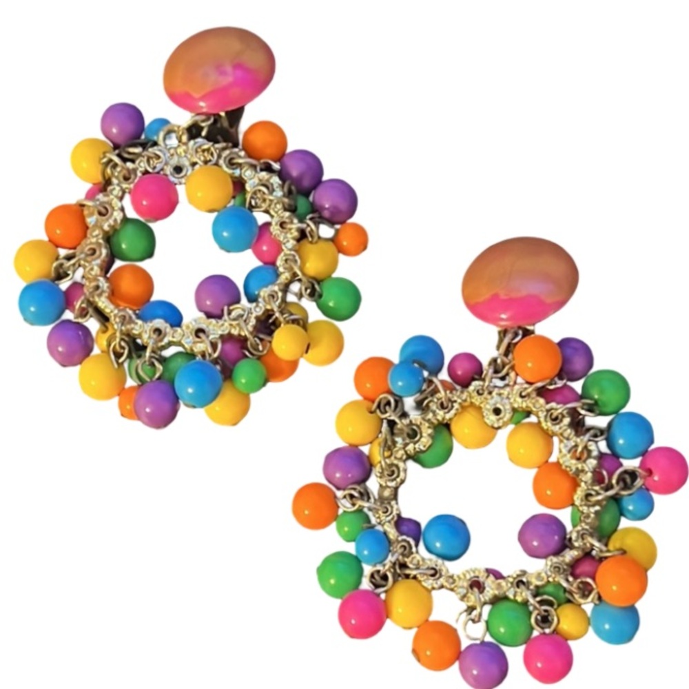 Vintage Colorful Candy Beaded Door Knocker Style Cha Cha Clip On Earrings